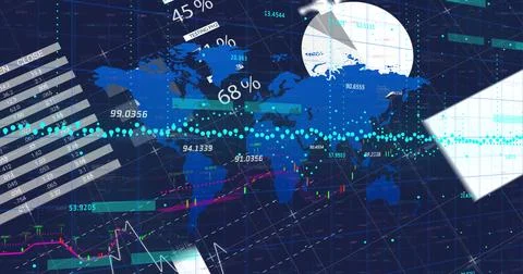 Displaying global financial data graphic on dark grid, with world map silhouette Stock Photos
