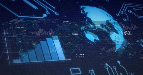 Displaying global map and translucent 3D globe in control hub, showing bar Illustrazione stock