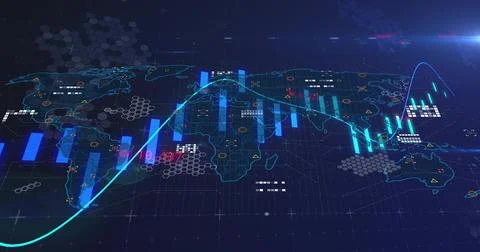 Displaying global map animating turquoise curve and cyan bar charts on Stock Photos