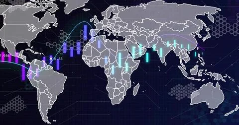 Displaying global map with bar charts, flow lines and hex grid on data dashboard Illustrazione stock