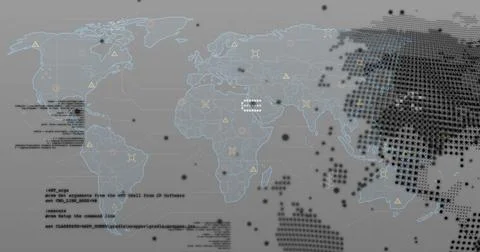 Displaying global map dashboard with cyan gridlines, caution icons, node links, Stock-Fotos