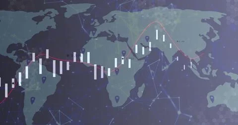 Displaying global map on digital dashboard, showing candlestick bars, red trend Stock Illustration
