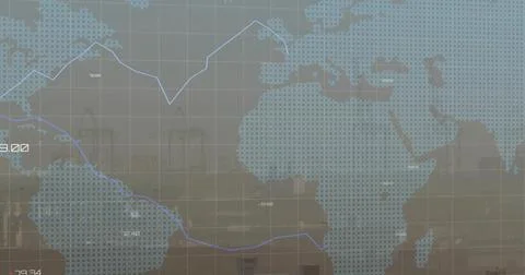Displaying global map overlay with grid lines and trend lines over seaport, Stock Photos