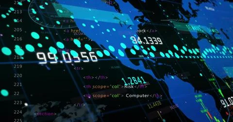 Displaying global map showing data in dashboard interface with numeric cyan Illustrazione stock