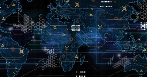 Displaying global map showing network flow on dark dashboard, with hex clusters Stock Illustration