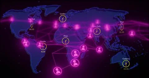 Displaying global network connecting avatar nodes on navy world map with clock Illustrazione stock