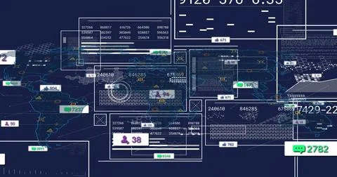 Displaying global network dashboard on dark navy map, showing translucent Stockillustratie