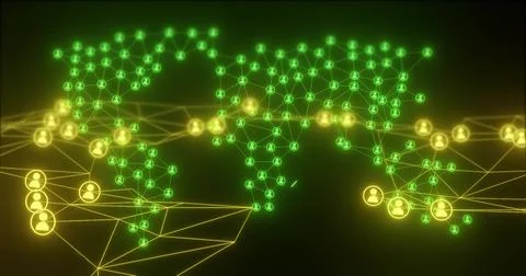 Displaying global network with glowing green yellow user nodes forming mesh on Stock Illustration