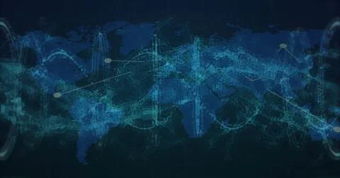 Displaying global network map with glowing nodes and data streams in virtual Stock Illustration