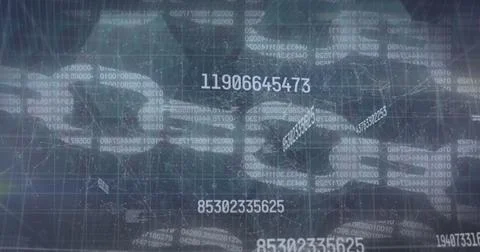 Displaying global network visualization on grid, showing floating numbers, nodes Stock Photos