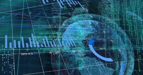 Displaying globe with 3D grid, bar charts and line graphs on analytics platform, Stock Photos
