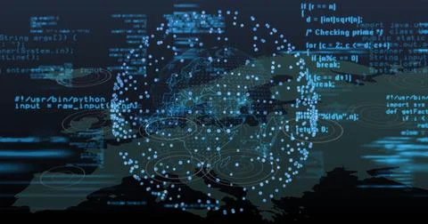 Displaying globe of blue nodes on navy interface, showing code, radar rings and 库存照片
