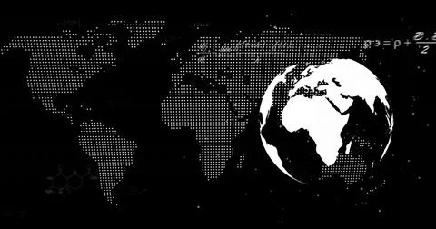 Displaying globe in digital graphic showing halftone map, formulas, molecular Illustrazione stock