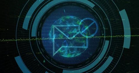 Displaying globe featuring email icon at interface with concentric rings, Illustrazione stock