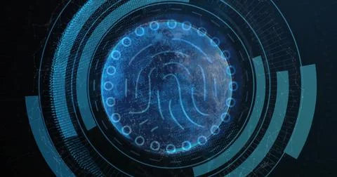 Displaying globe with fingerprint pattern and elements in scifi UI over network Illustrazione stock