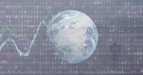 Displaying globe floating on blue backdrop, with binary code, line graphs, Stock Photos