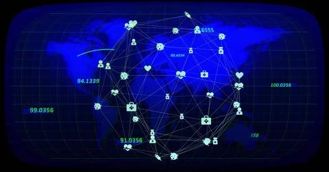 Displaying globe floating over blue world map with grid overlay showing icon Illustrazione stock