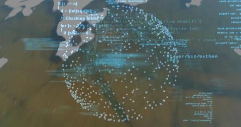 Displaying globe formed by white dots rotating over blurred map at interface, Stockfoto's