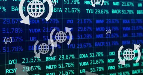 Displaying globe icon cluster rotating over dark digital grid display, with Stock-Illustration