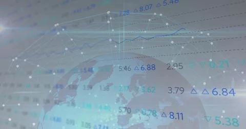 Displaying globe with node dome in digital analytics background, showing charts, 스톡 일러스트