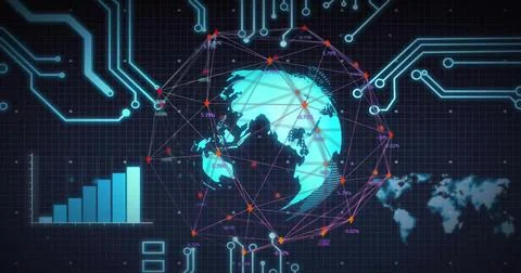 Displaying globe over grid, with network links, circuit traces, map silhouette, Illustrazione stock