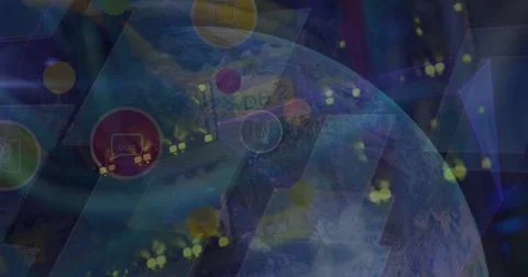 Displaying globe overlaying network space, with hexagonal panels, circular icons Stock Photos