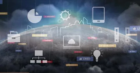 Displaying globe with pie chart and smartphone icons on grid, subscribe liked Stock Photos