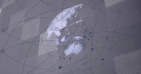 Displaying globe projection with circular nodes and network lines on wall with Stock Illustration