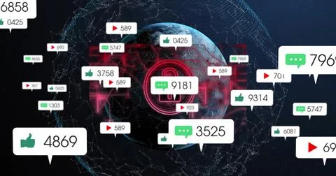 Displaying globe securing data in virtual network, with padlock badges showing Illustrazione stock