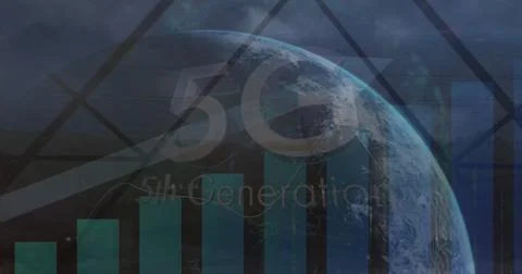 Displaying globe showing 5G 6th Generation overlay on tech backdrop, with bar Stock Illustration