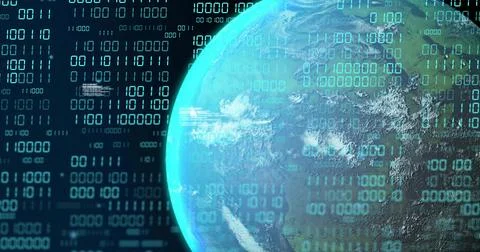 Displaying globe showing clouds and binary code overlay with HUD panels in 写真素材