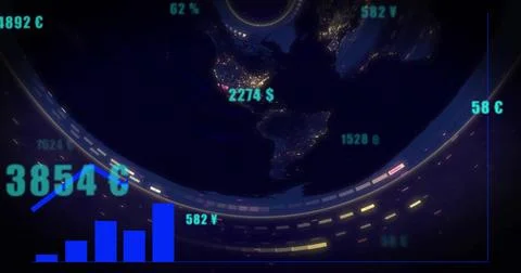 Displaying globe showing night lights over Americas, with floating numbers $¥€, 库存插图