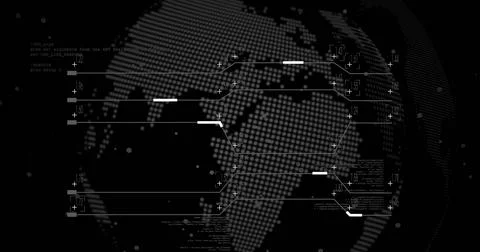 Displaying globe of white dots in interface showing data lines plus nodal mar 写真素材