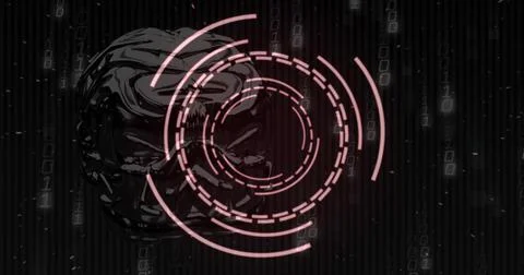 Displaying glossy black head overlapping neon-pink rings in HUD, with binary Illustrazione stock