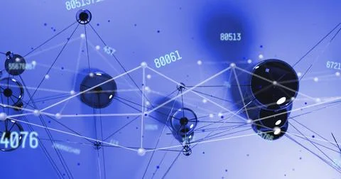 Displaying glossy dark spherical nodes linked by thin lines in 3D data scene Stock Photos
