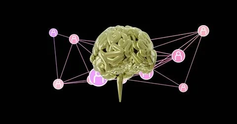Displaying glossy gold 3D brain centered on black backdrop, linking pink nodes Stock Illustration