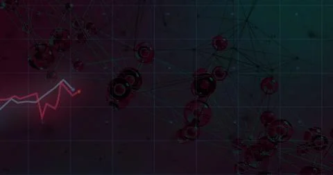 Displaying glossy spheres linking via thin lines in virtual studio, neon chart Stock-Illustration