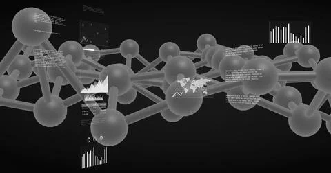 Displaying glossy spherical nodes linked by cylindrical rods in dark virtual Stock Illustration