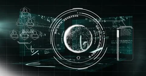 Displaying glowing 3D globe rotating in grid, with HUD rings, readouts, icons, Stockfoto's