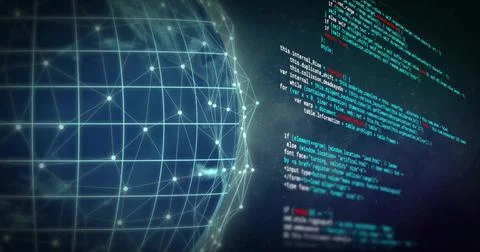 Displaying glowing 3D mesh sphere occupying left in dark cyber space, with Stock Photos