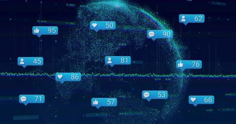 Displaying glowing 3D point-cloud globe on virtual analytics dashboard showing Stock Illustration