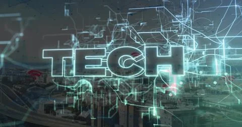 Displaying glowing 3D TECH text over futuristic urban skyline, with neon circuit Stock Illustration