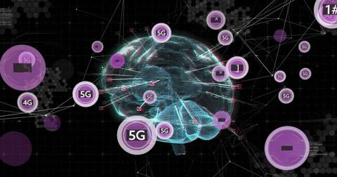 Displaying glowing 3D wireframe brain floating over dark grid, with 5G and 4G Stock Photos