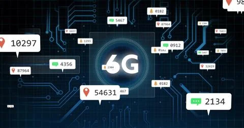 Displaying glowing 6G panel in tech network interface with map-pin, chat-bubble Foto stock