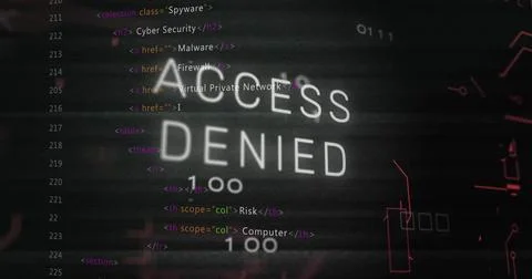 Displaying glowing ACCESS DENIED overlay dominating computer terminal display, Stock Illustration
