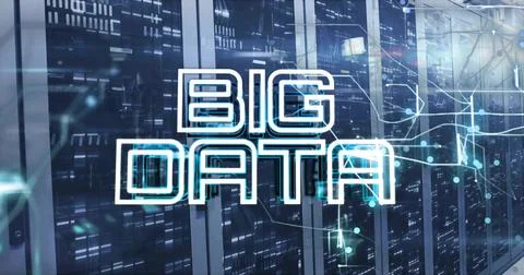 Displaying glowing BIG DATA covering server racks in server room, showcasing Stock Illustration