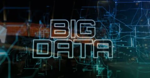 Displaying glowing BIG DATA text over lit control room background, with teal and Stock Illustration