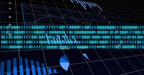 Displaying glowing binary band overlaying grid dashboard, with bar chart, pie Stock Illustration