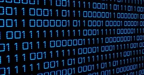 Displaying glowing binary code array forming grid on virtual screen, Stock Illustration