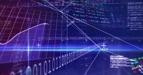 Displaying glowing binary code streams with line graphs in 3D data hub, with Stock Photos